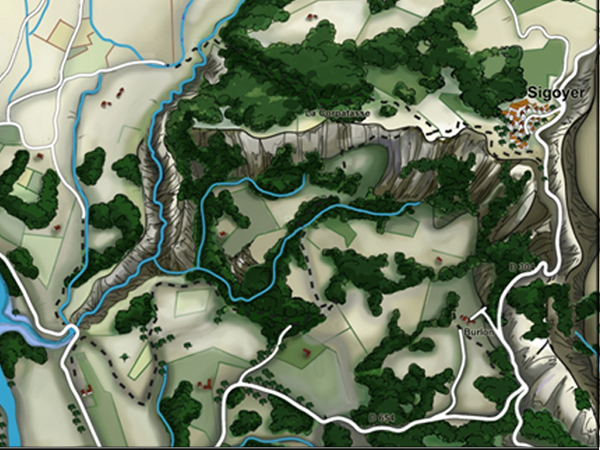 PAYS SITERONAIS-BUECH (04)- Réalisation de 11 cartographies axonométriques à différentes échelles : le pays et des zooms sur 10 balades, centres villes ou pleine nature. 