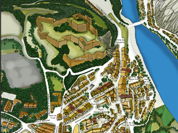 PAYS SISTERONAIS-BUECH (04)- Réalisation de 11 cartographies axonométriques à différentes échelles : le pays et des zooms sur 10 balades, centres villes ou pleine nature. Ici : à gauche, citadelle de Sisteron et à droite, Pays entier