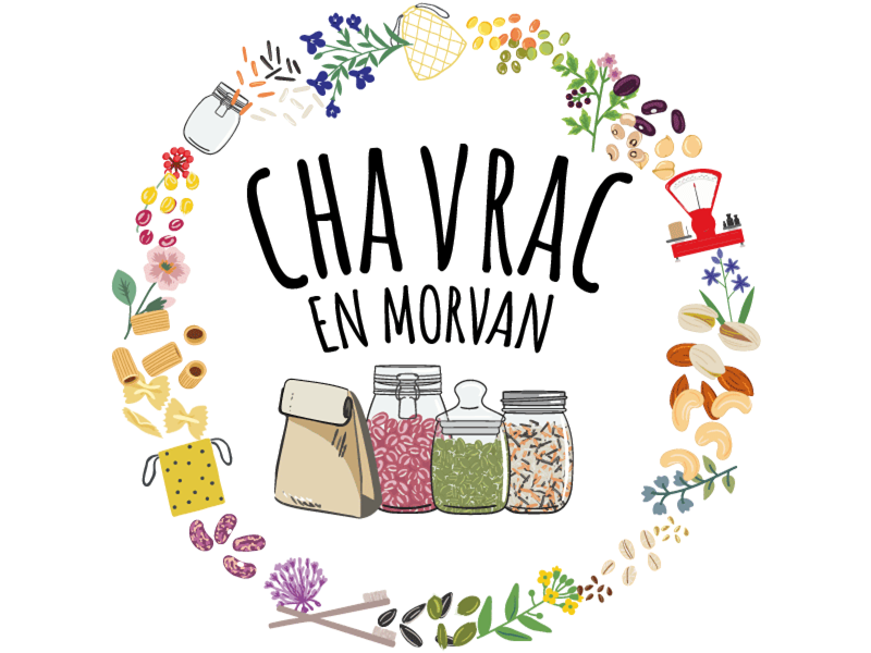 Création du logo de Cha Vrac en Morvan, décliné en grand format sur le camion, repris sur les tabliers, les sacs, la page FB ... 